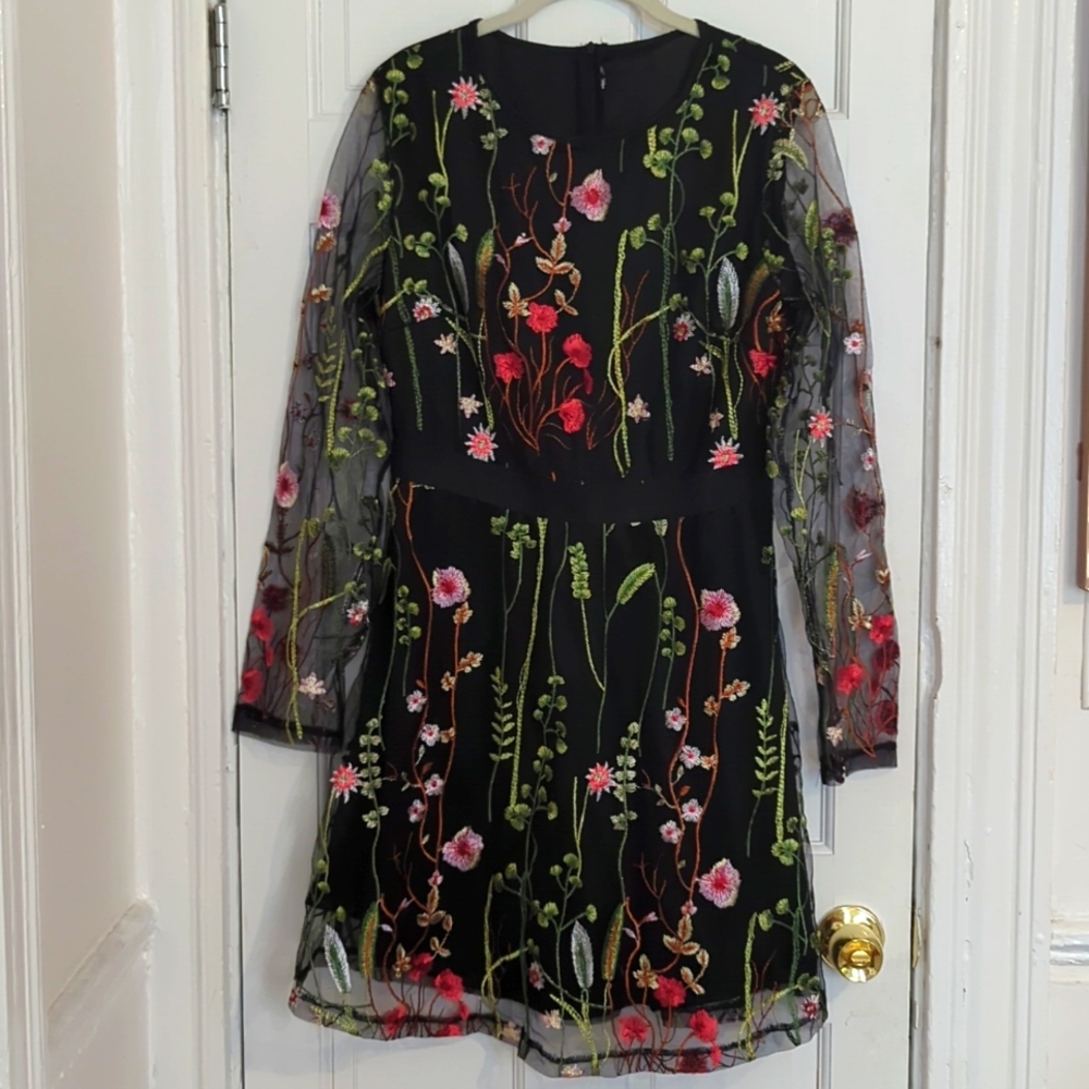 Spring Floral Dress, embroidered, long sheer sleeves for work or wedding